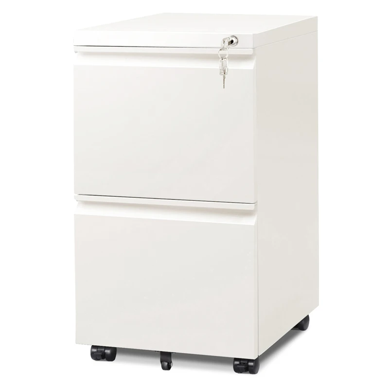 2 Drawer File Cabinet with Lock, Fully Assembled Except Casters Metal Filing Cabinet with Wheels for Home Office, Under Desk Cabinet for Letter/Legal/A4 Size Files, White