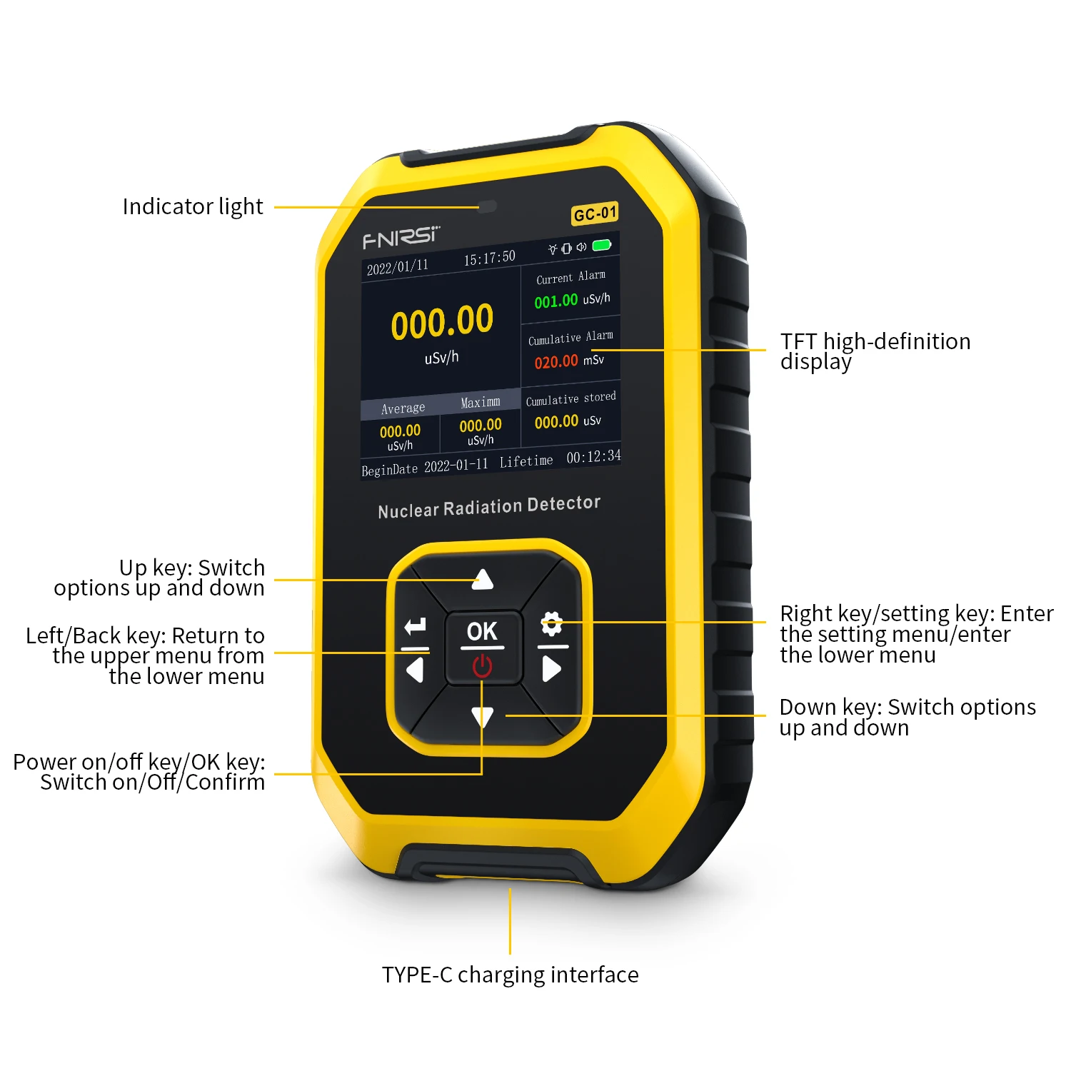 FNIRSI GC-01 Geiger Counter Nuclear Radiation Detector X-ray Beta Gamma Detector Dosimeter Y-ray β-ray Radioactive Tester