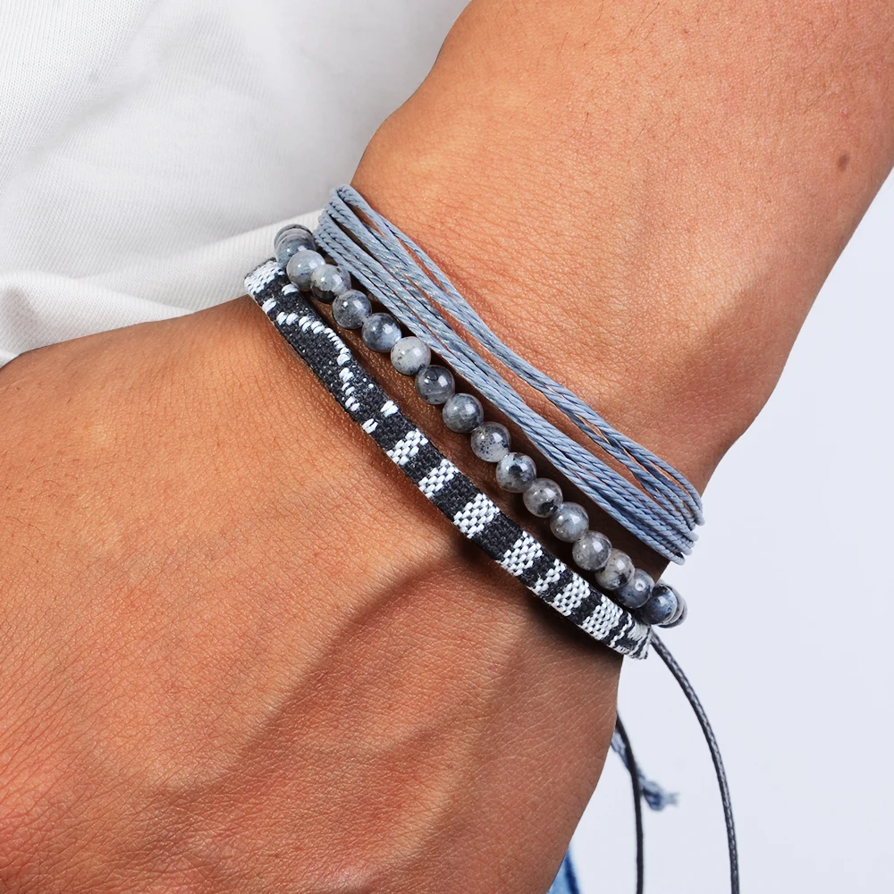 3-teiliges geflochtenes Armband-Set für Herren, Naturstein-Paar-Armband, handgewebtes Armband aus böhmischer ethnischer Baumwolle und Leinen