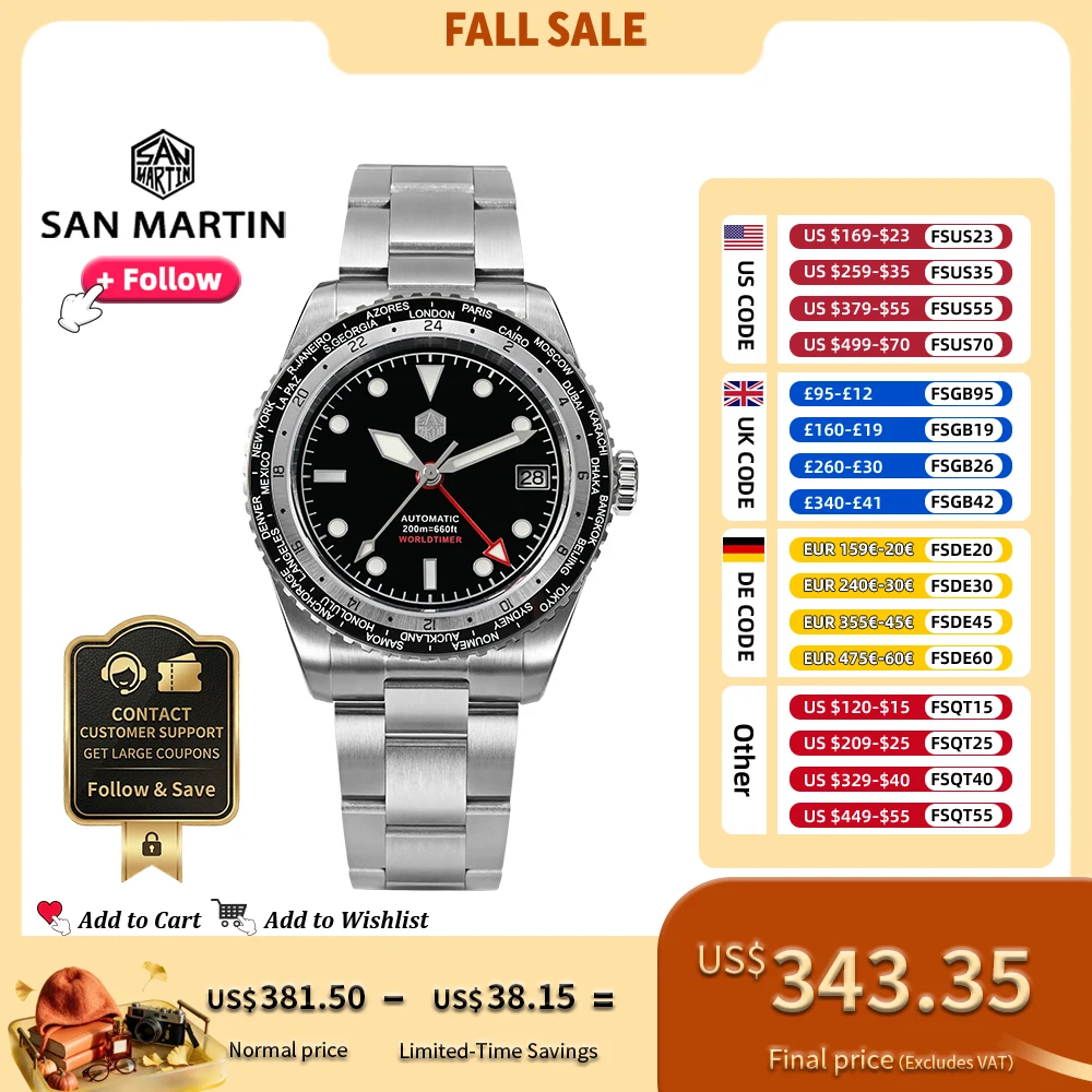 San Martin Design GMT Men Watch 38mm World Timer Waterproof NH34 Automatic Mechanical Wristwatch 20Bar Sapphire Glass SN0112