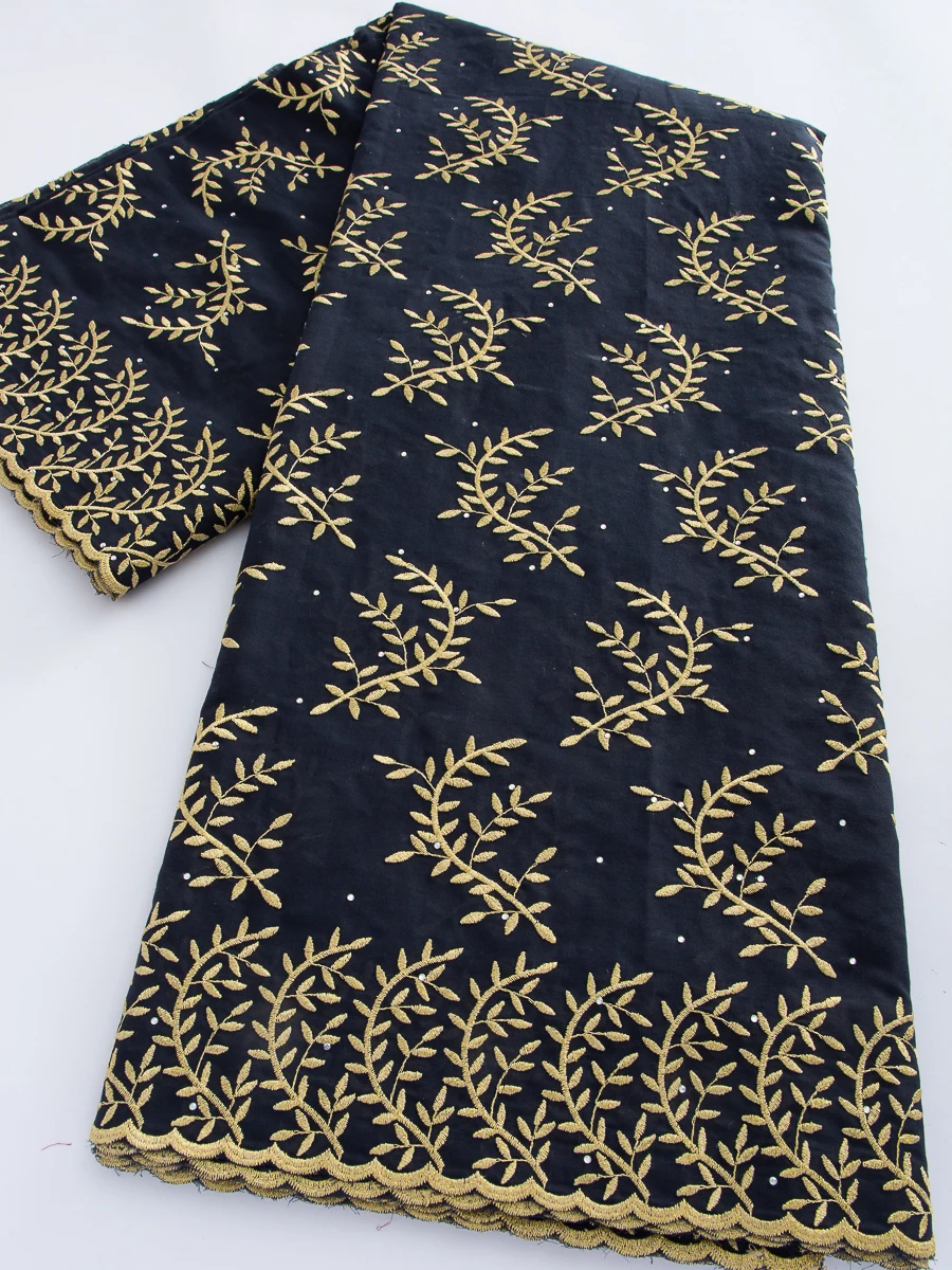 

African Swiss Voile Cotton Lace Fabric, Black Gold Leaf Embroidered, For Nigerian Wedding & Traditional Aso Ebi