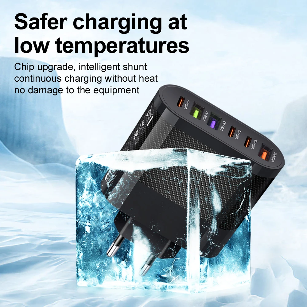 65W PD USB Charger 6 Ports USB Type C Charger Quick Charge 3.0 Fast Charging For iPhone 14 Samsung Xiaomi Mobile Phone Adapter