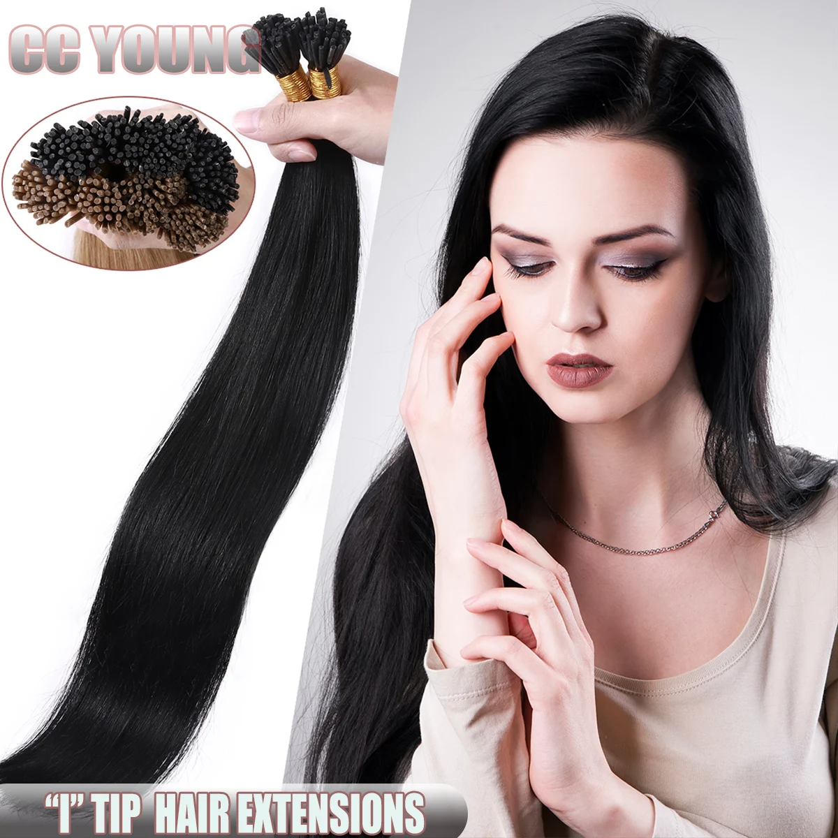 

50 Strands Stick I Tip Hair Extensions 100% Human Hair Pre Bonded Hot Fusion Keratin Real Remy Human Hair Extensions Black Color