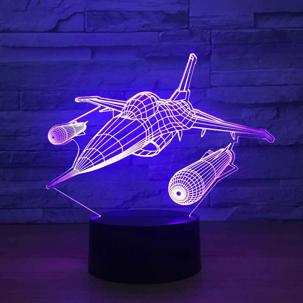 3D Illusion F-16 Led Table Lamp 7 Diffrent Light Color USB and Touch Button Control War Plane Acrylic Gift Design Black Base