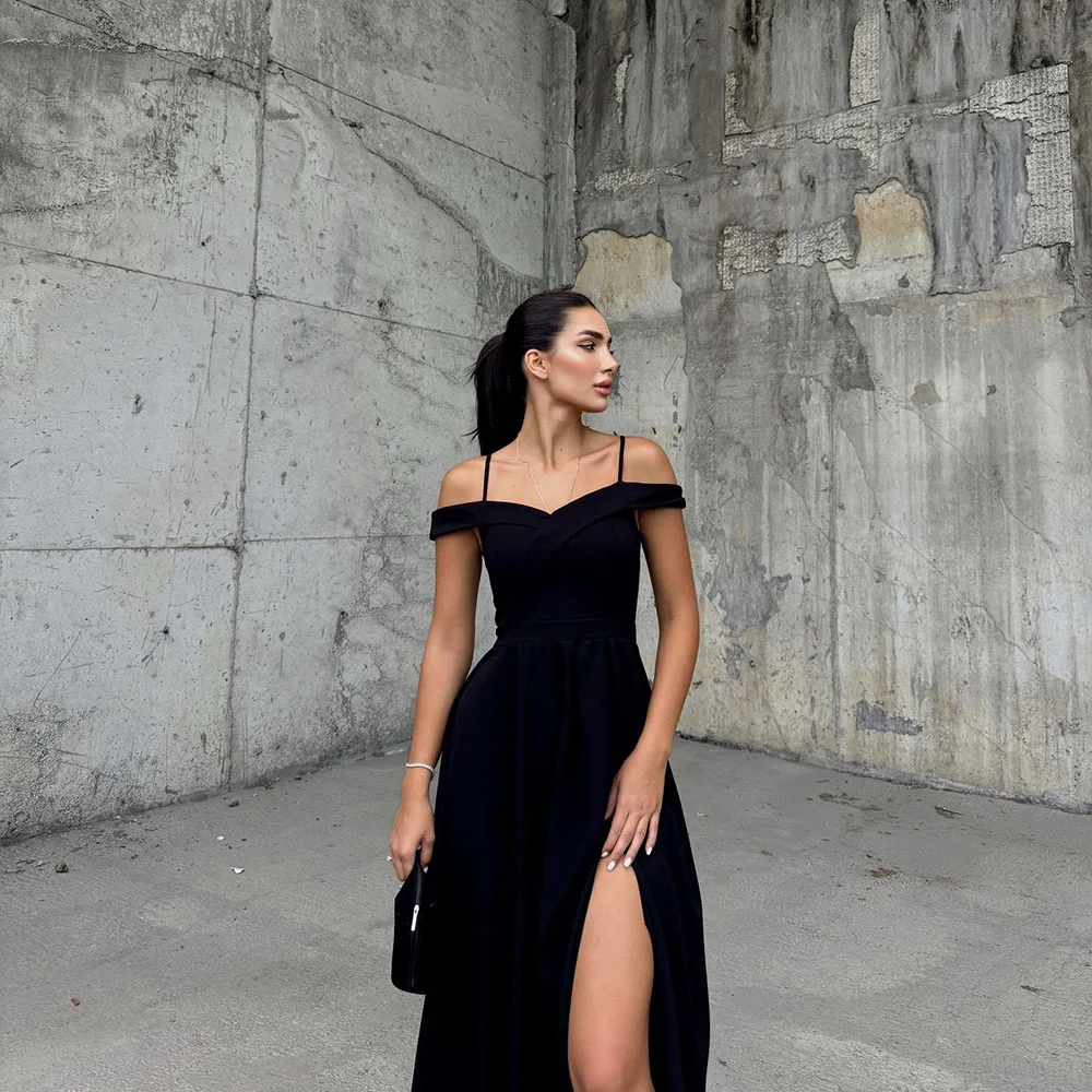 Msikoods-vestido de noche negro personalizado con hombros descubiertos, vestido de fiesta elegante con abertura, vestido Formal largo para mujer, vestido de invitados de boda