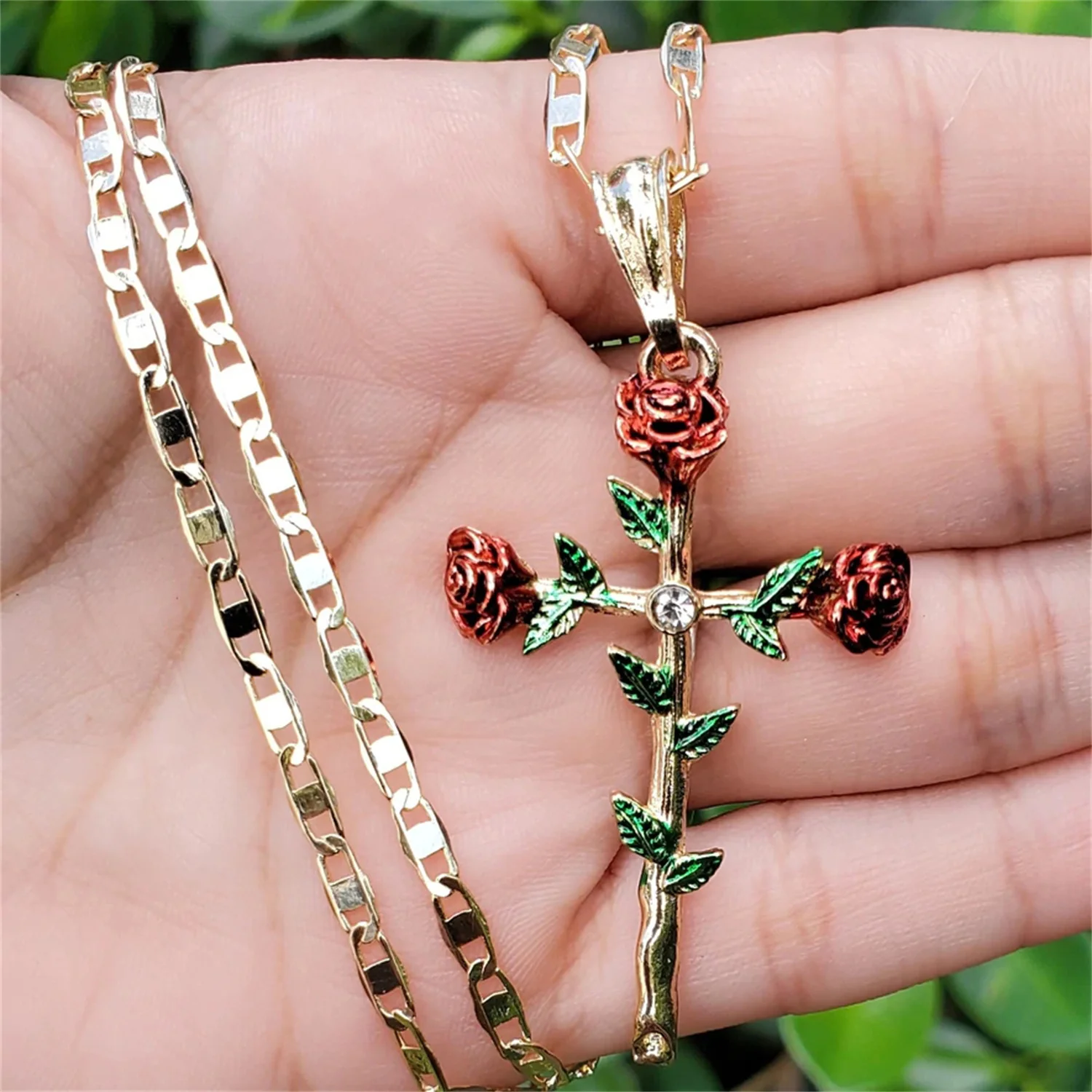 Rose Flower Cross Gold Plated Necklace 3D Floral Pendant Cuban Chain Christianity Women's Jewelry Mom's Gift Valentine's Day