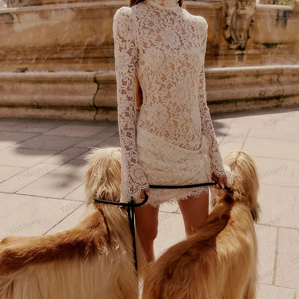 

Civil Lace Appliques Mini Wedding Dresses Sexy Sheath Long Sleeves High Neck Bride Dress Anove Knee Flowers Pleat Customized