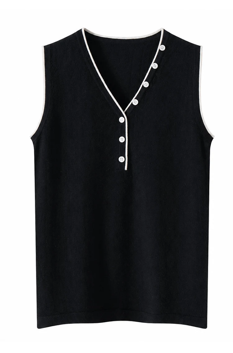 ML62129 Damen Vintage V-Ausschnitt Ärmellose Strickweste mit Kontrastbesatz und Knopfleiste aus Modal-Mischgewebe, Sommerliches Casual-Oberteil – Detail 8