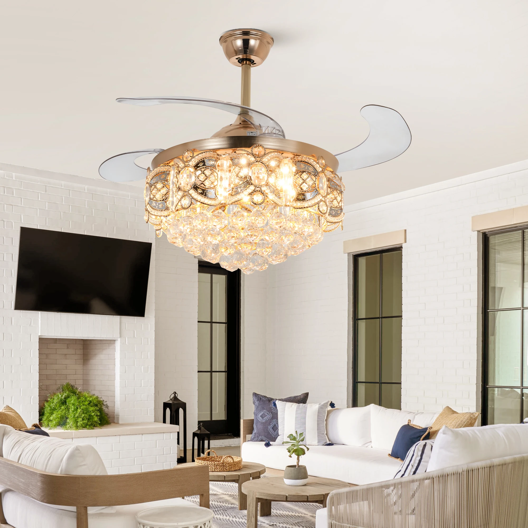 42인치 크리스탈 LED 매립형 천장 선풍기 조명, 리모컨 포함, 거실 및 식당에 적합