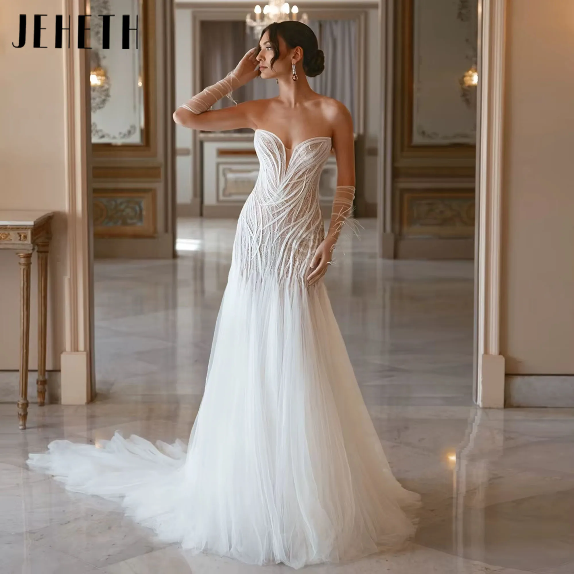 

JEHETH Sexy Illusion Lace A-line Long Wedding Dress With Jacket Elegant Tulle Sweetheart Bridal Gown For Bride Customized 2025