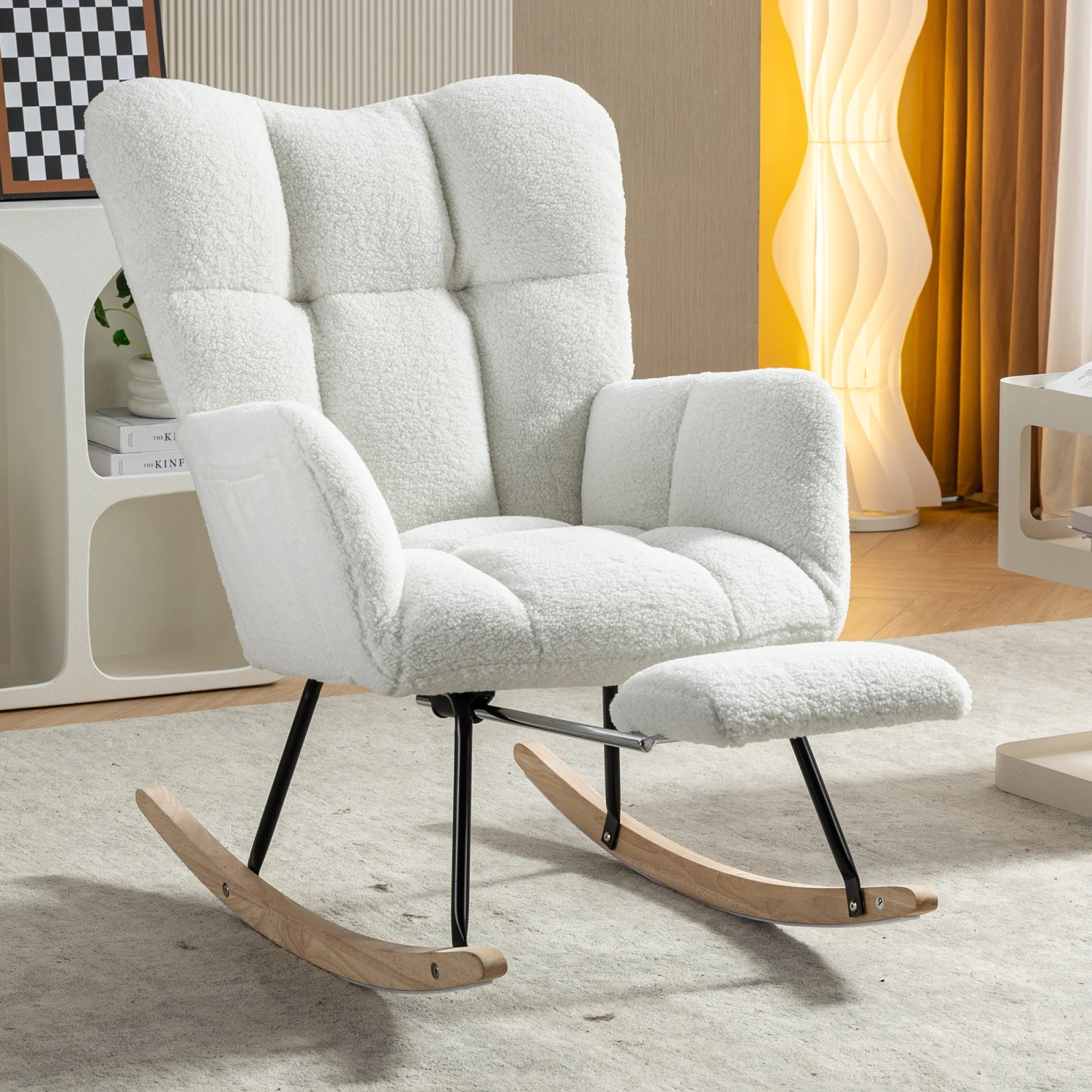Comanlai Chaise à bascule rembourrée avec repose-pieds rétractable, chaise de lecture pour salon, chambre à coucher et balcon, blanc