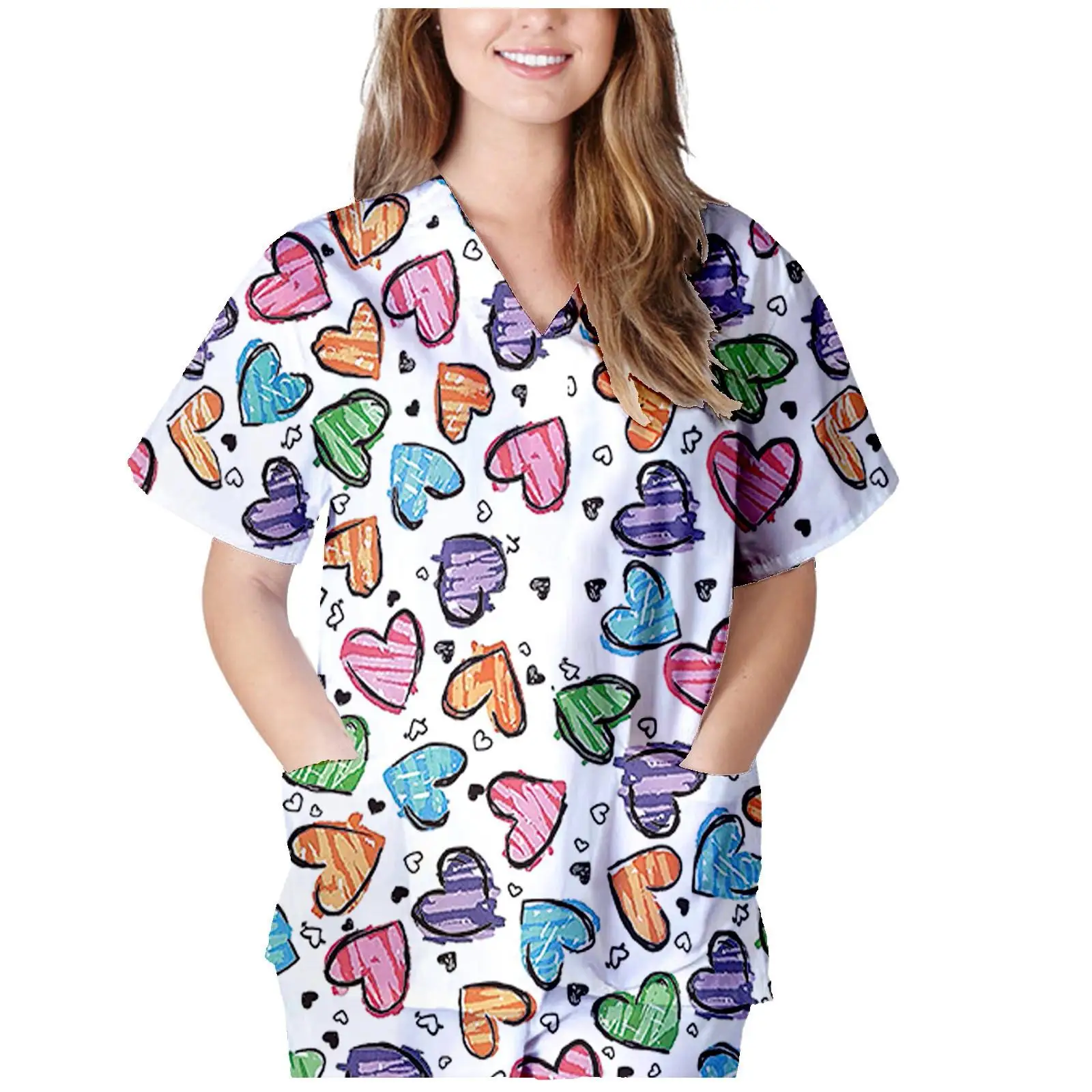 Tops Women Scrub Nurse Print Short Sleeve Cartoon V-Neck Tops Working T-Shirts Heart Print Healthcare Tunic Carers Workwear Tops