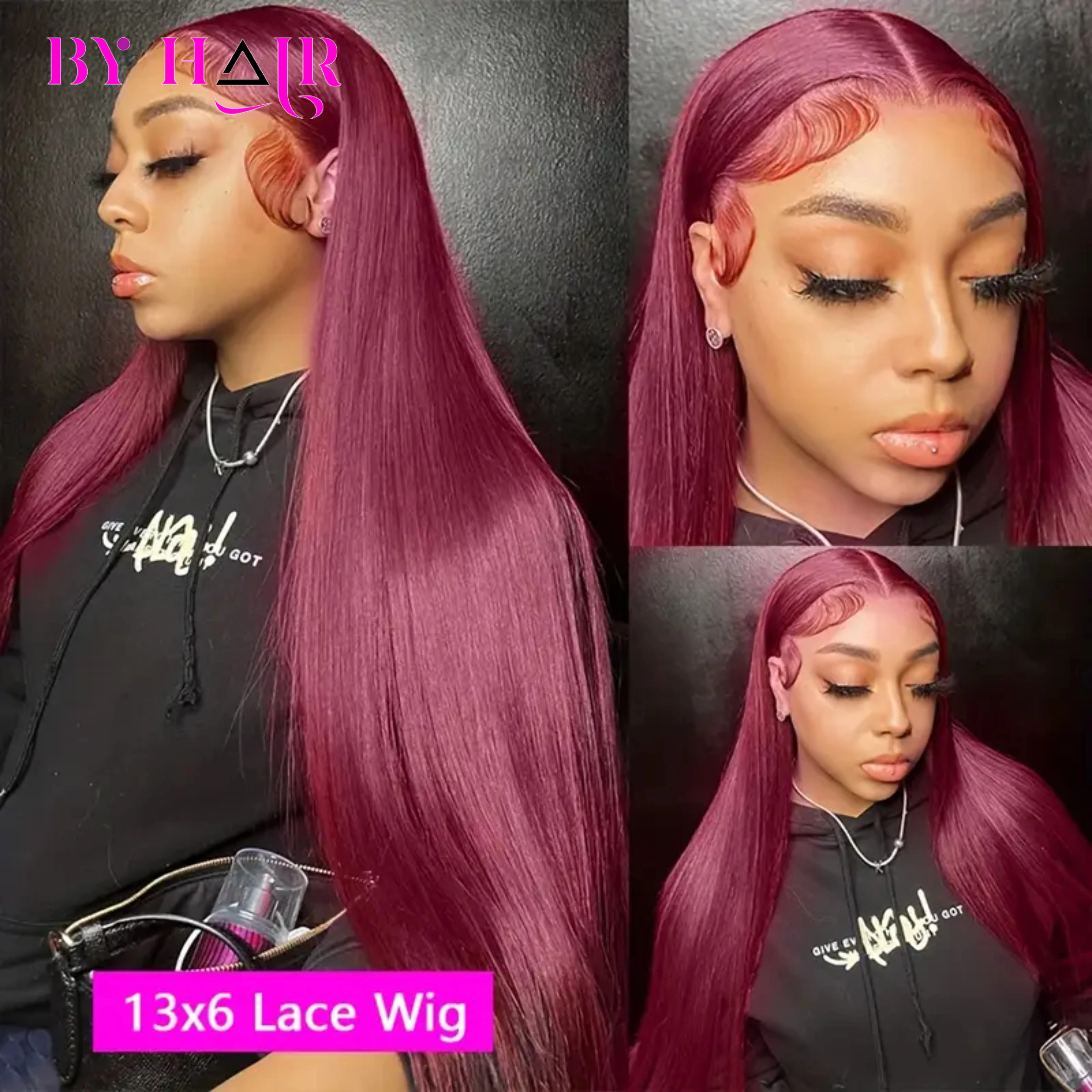 Burgundy 13x6 HD Transparent Lace Frontal Human Hair Wig Straight wig 13x6 Lace Front Human Hair Wig For Women 99J Colored 180%