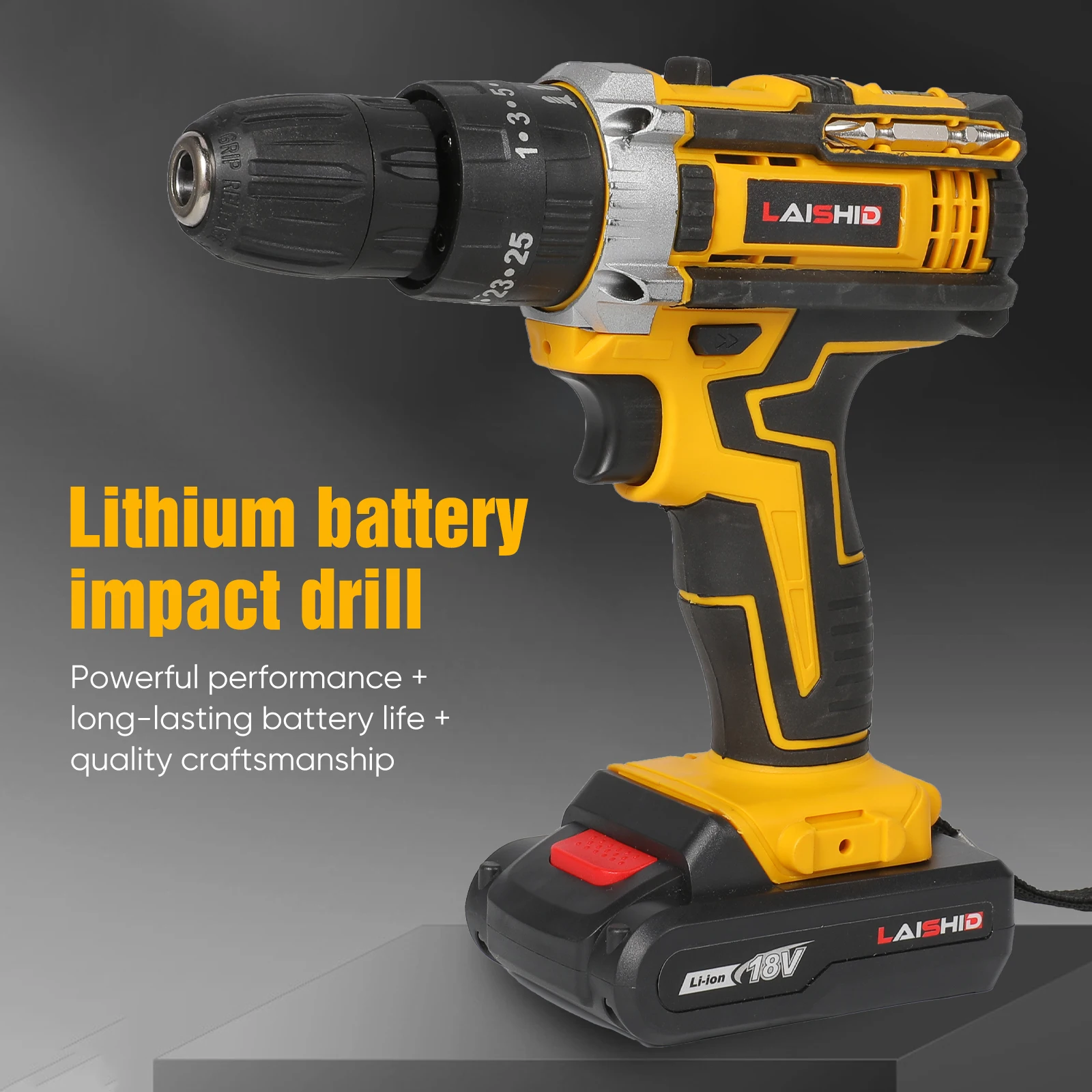 Juego de taladro inalámbrico de 18 V, 23 piezas, portabrocas de 3/8" sin llave, 45 Nm, 2 velocidades, luz de trabajo LED, compatible con