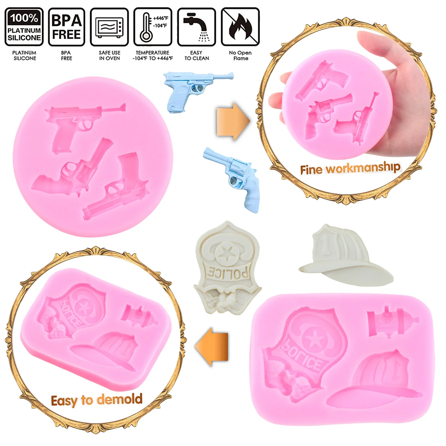 Soldier Hero Army Tank Handgun Silicone Mold Fireman Police Badge Fondant Molds Cake Decorating Tools Chocolate Candy Mould