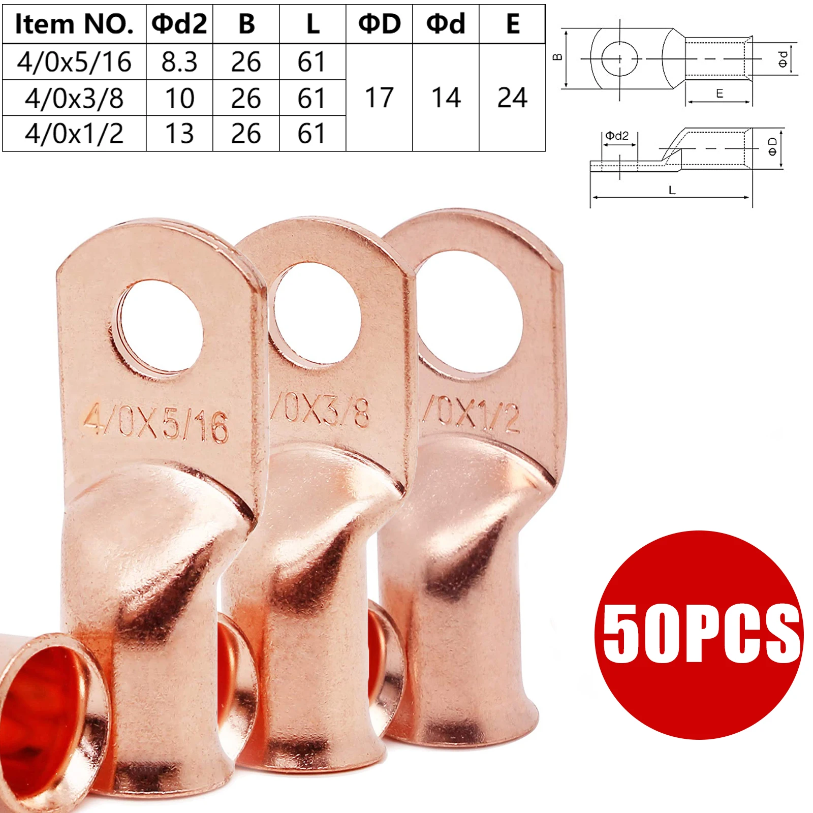 GIE.TOP 50PCS Gauge Battery Cable Copper Tubular Ring Terminals Crimp Wire Heavy Duty R Lugs 4/0 AWG 5/16