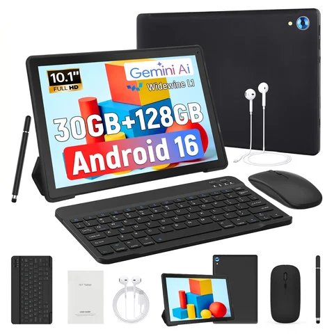 X108 10.1 Inch Full‑HD Tablet PC Android 16 Octa‑Core A537 30GB(6+24GB Virtual) 128GB ROM 1TB Expand Widevine L1 Gemini AI Assistant 3D Face Unlock 5MP+8MP Camera Complete Bundle With Keyboard Mouse Stylus Case Earphones Learning Business Tablet US Loca