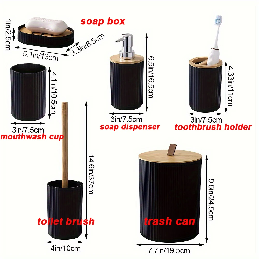 6Pcs Bathroom Accessories Soap Dispenser Box Toilet Brush Lotion Bottle Trash Can Plastic Bathroom Storage Set Toothbrush Cup