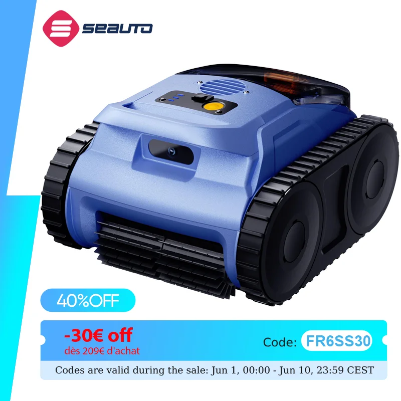 Nettoyeur de piscine robotisé sans fil Seauto SAT 20 Pro, nettoyage des parois, autonomie de 180 minutes, navigation sonar, pour piscine de 2150 m². Ft.