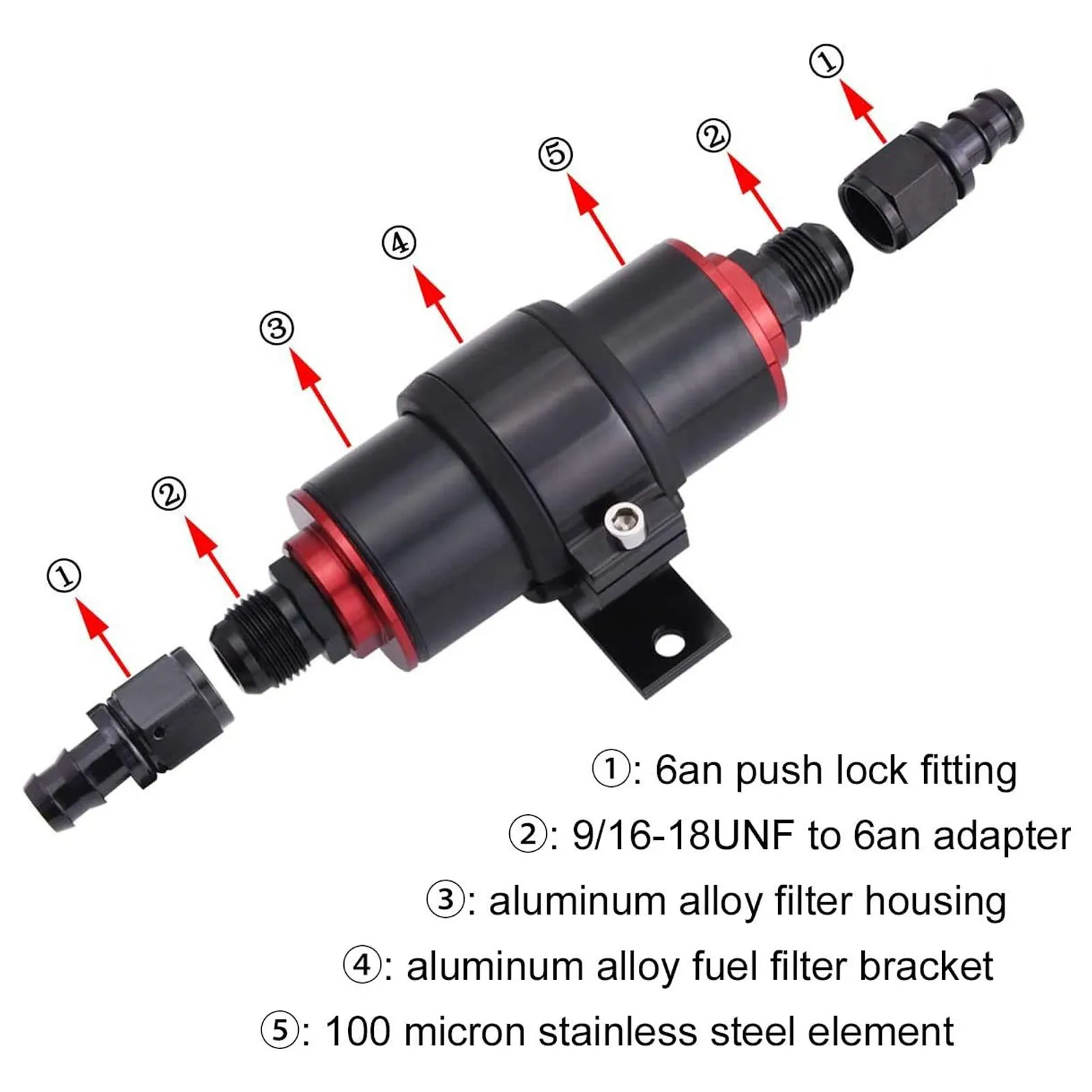 6AN 8AN 10AN Inline Fuel Filter Kit with Bulkhead Adapters, Push Lock Fittings and Fuel Filter Mounting Bracket,for 3/8 1/2 5/8 Fuel Line Hose
