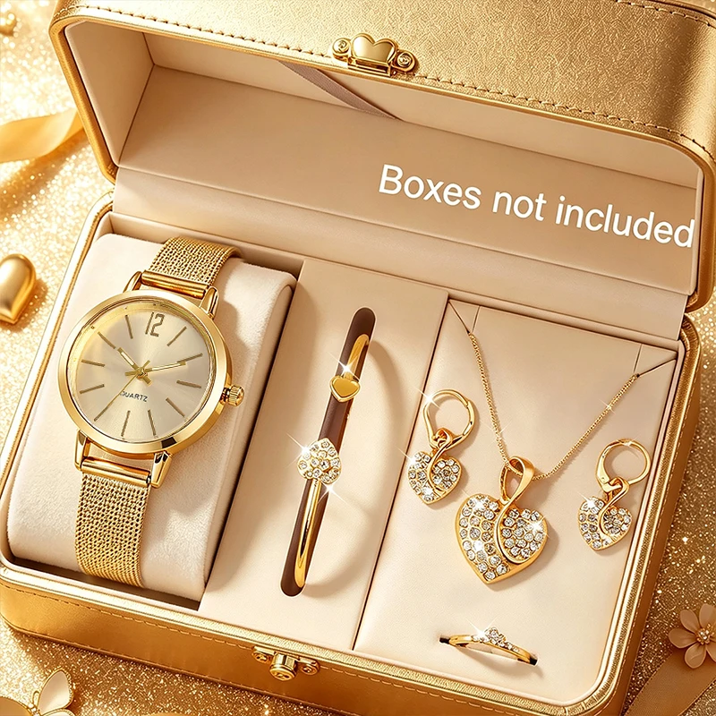 6-Piece Set, Women's Fashionable Round Dial Quartz Watch with Heart-Shaped Jewelry Set, Including Bracelet, Necklace, Earrings, and Ring, Exquisite and Charming, Perfect for Banquets, Parties, and Holiday Gifts, Women's Gift.