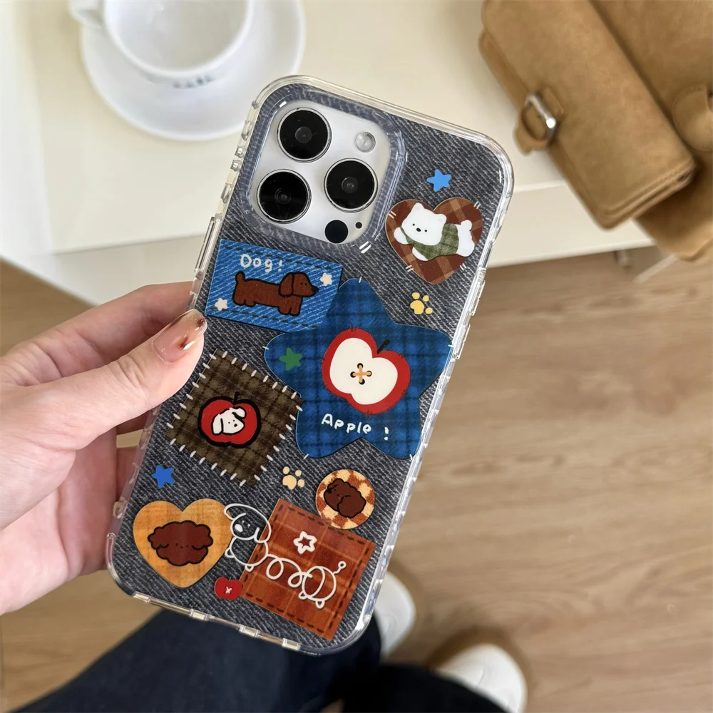 Fashion denim pattern cute puppy phone case for iPhone 17 Pro Max 15 14 13 16 17 cover with hinged Korean INS cartoon Funda Capa