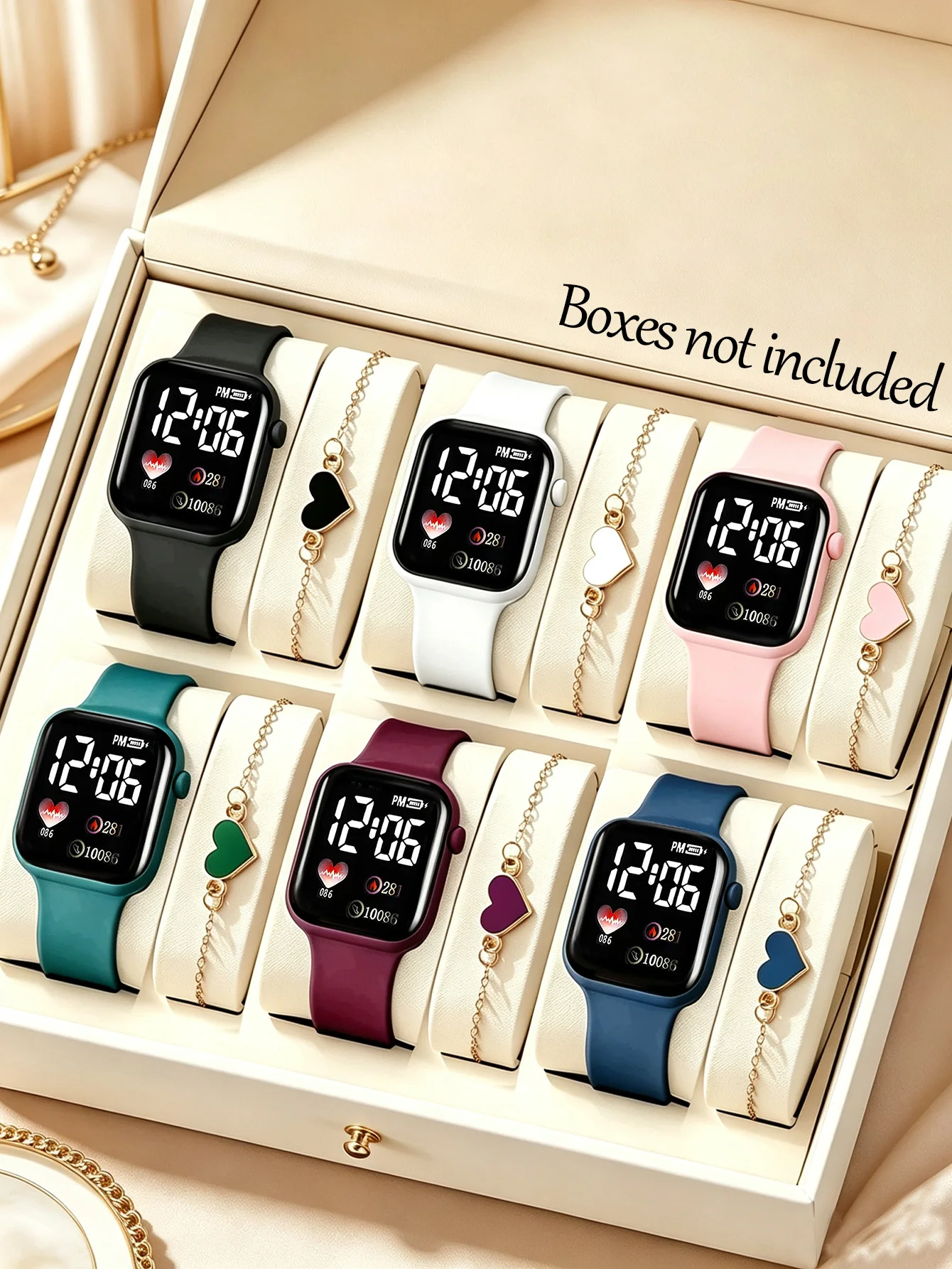 12-Piece Set of Silicone Strap Led Electronic Watches Paired with Matching Color Heart Bracelets, Perfect for Everyday Casual Wear, a Great Gift for Back-To-School Season, Halloween, and Christmas.