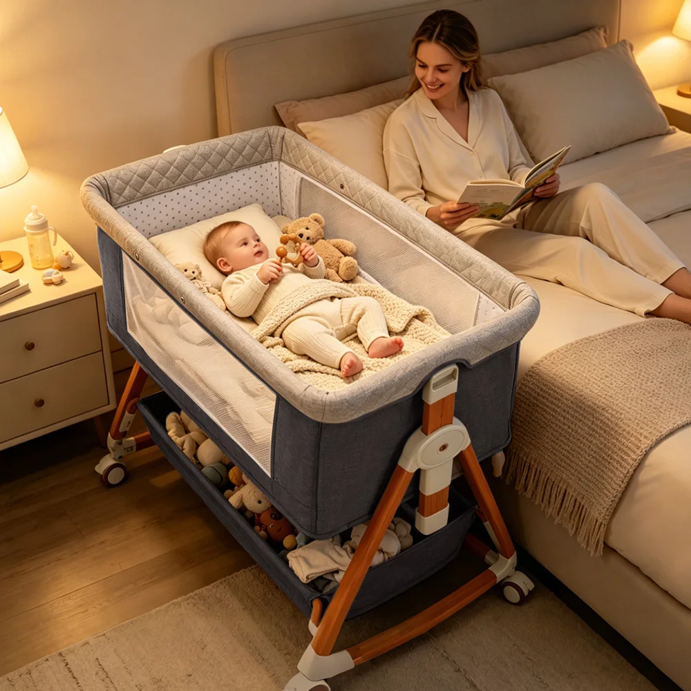 Kmaier 3-in-1 Baby Bassinet Bedside Sleeper Foldable Rocking Cradle with Wheels and Storage,Wood Grain Frame Breathable Mesh Side, 3 Colors Dark Grey / Light Grey / Pink for Newborn
