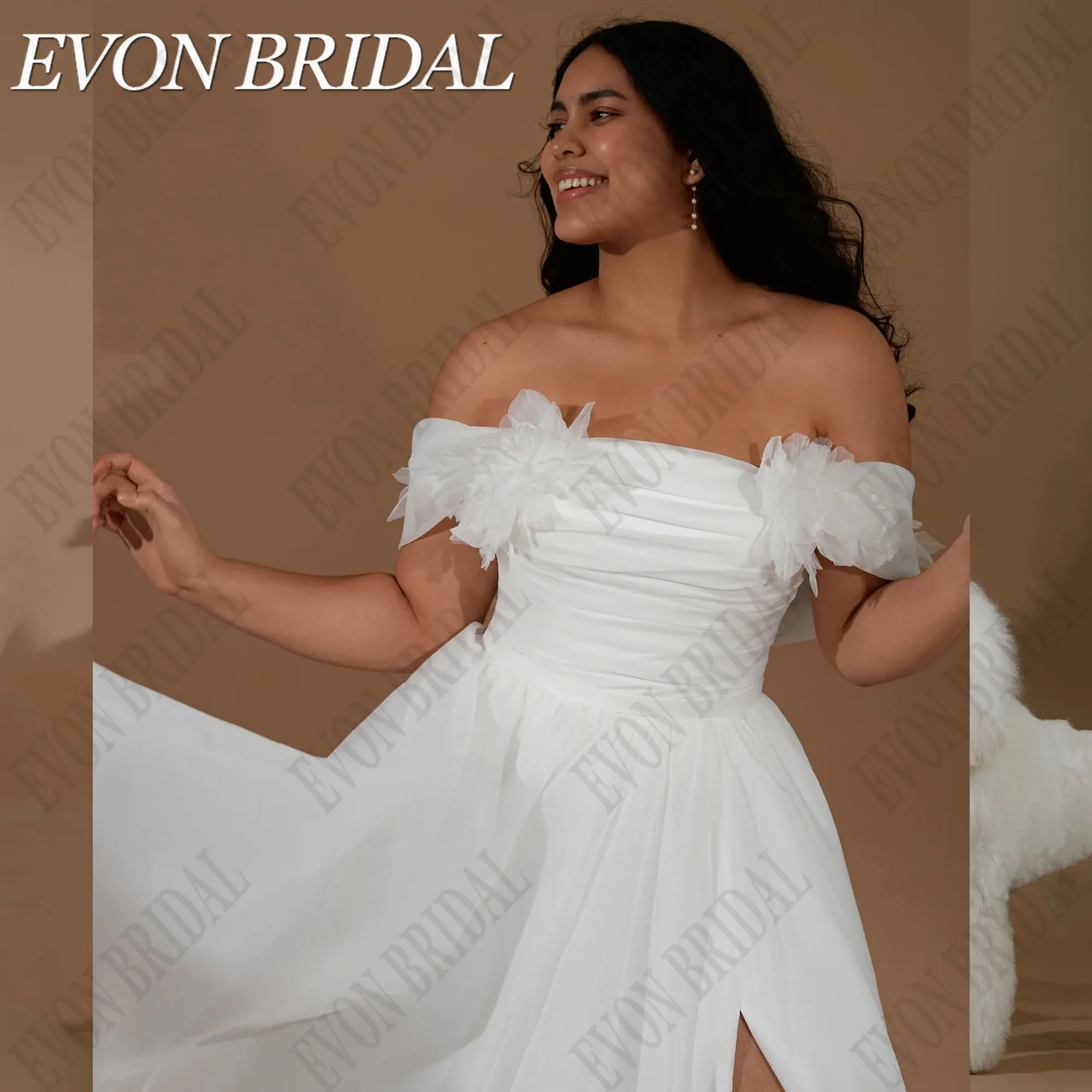 EVON BRIDAL High Split Wedding Dresses Plus Size A-line Bride Gown Elegant Flowers Off Shoulder Corset Chiffon Bridal Dress