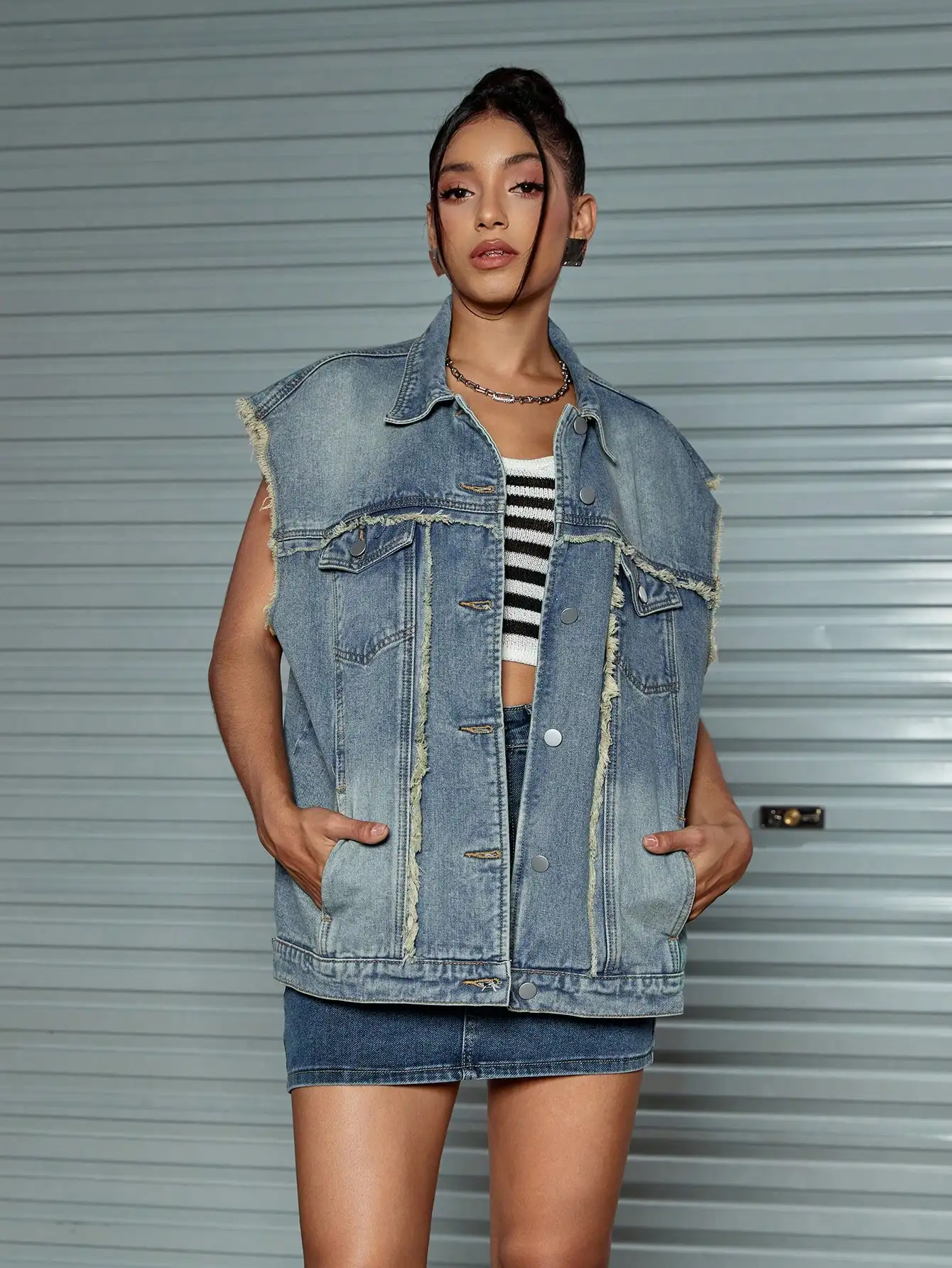 Y2K 스트리트 로우 트림 슬랜트 포켓 루즈핏 싱글 브레스트 데님 조끼 재킷, 용수철 의상