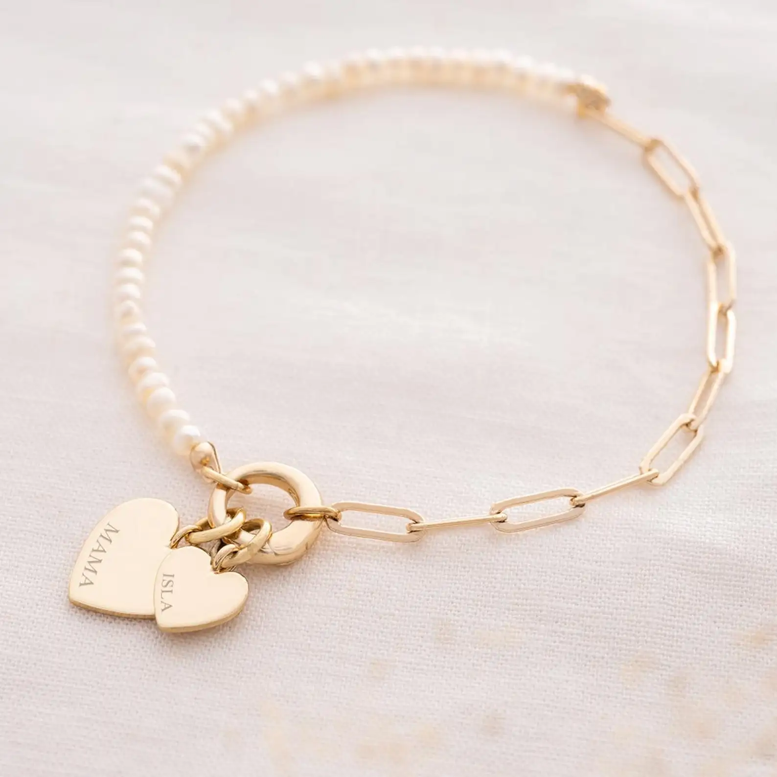 Light Luxury Custom Name Heart Bracelet Personalized Freshwater Pearl Paperclip Double Chain Patchwork Bracelet Gift For Women