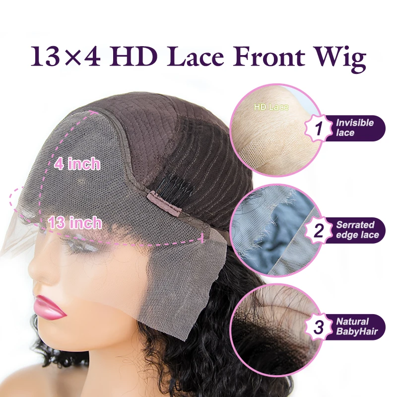 Wig Rambut Manusia Keriting Depan Renda Transparan HD Pra Pencabutan 180% Wig Frontal Renda 13X4 Gelombang Air Brasil dengan Rambut Bayi Remy