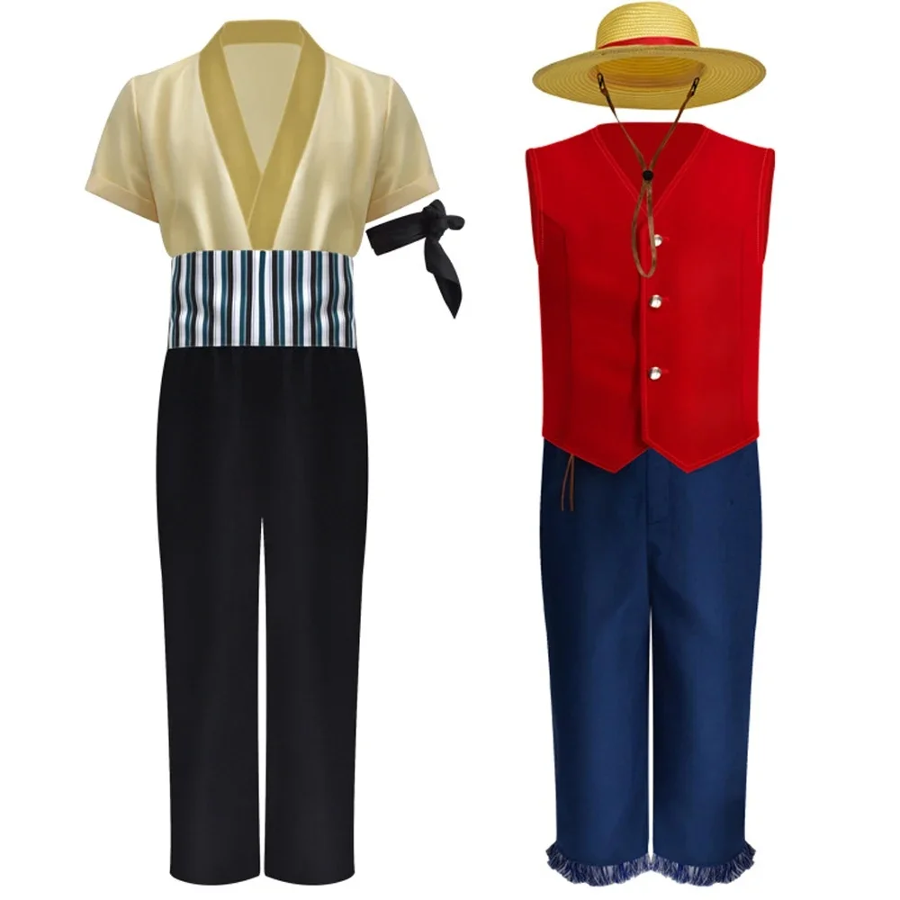 Anime Team Ruffy Zoro Cosplay Kostüme Sonnengott Monkeyd Roronoa im Leben Sutis für Kinder Cosplay rote Anzüge Hut Halloween Karneval