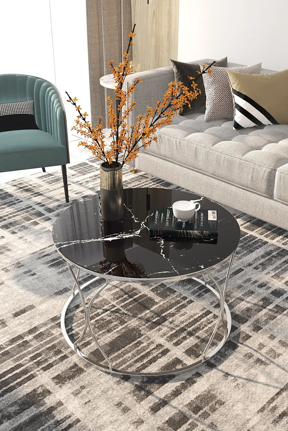 DREAM MODEL GOLD AND SILVER COLOR MARBLE PATTERN TEMPERED GLASS DINING TABLE LIVING ROOM HOBBY ENTERTAINMENT MODERN TABLES