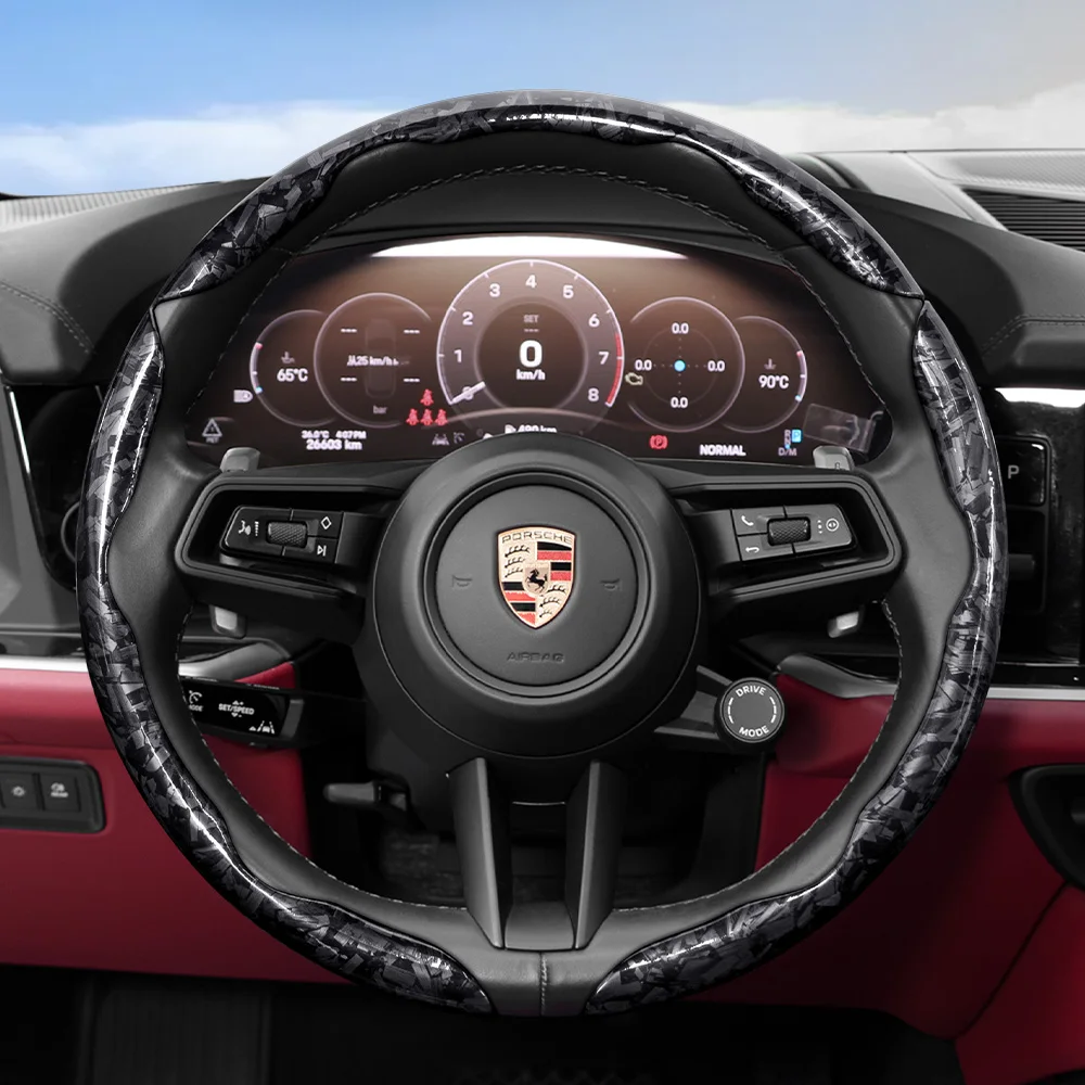 Suitable for Porsche forged carbon fiber texture steering wheel cover, snap-on, no-sew, quick installation for Macan, Cayenne, Taycan, Panamera, 911, 718, Boxster, Cayman, black, red, gold car accessories