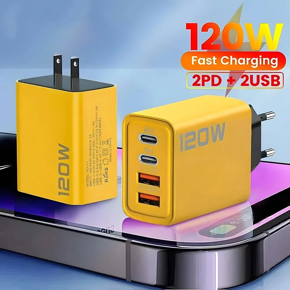 4 Port USB C PD Charger Total 120W Fast Charger Type C Quick Charge 3.0 USB Charger Adapter For iPhone Samsung Xiaomi Phone Plug