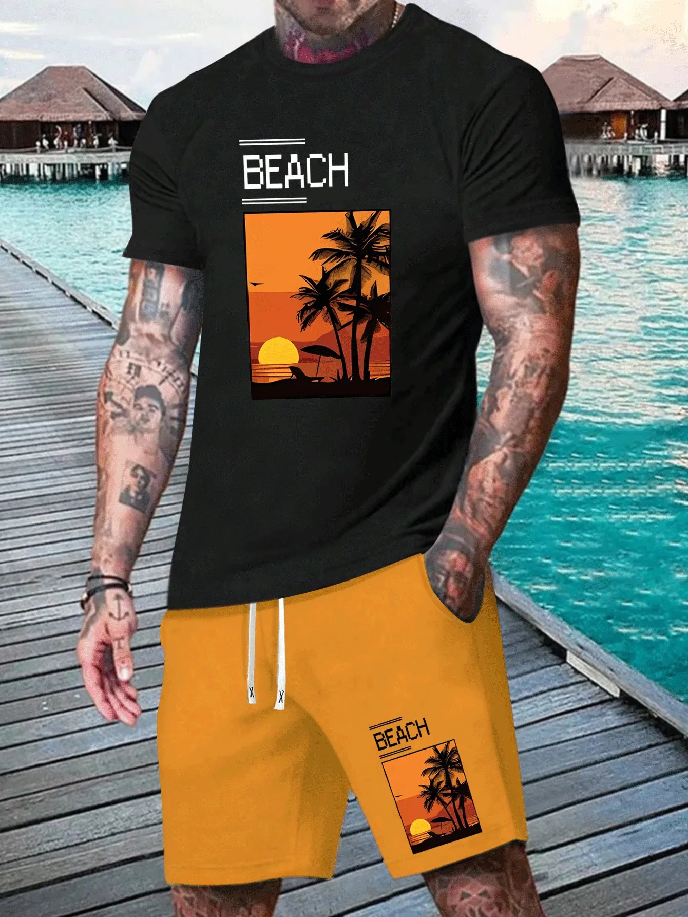 

New Hawaiian Beach Scenery Printed Men Tracksuit Ultra High Appearance Value 2 Piece Set Male Fashion Casual Oversized Clothes