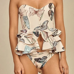 Fashion Ruffled Floral Print Split Swimsuit Tankini White Women's Suit Surf Wear Swimming Suits Swimwear Patchwork Plus Size