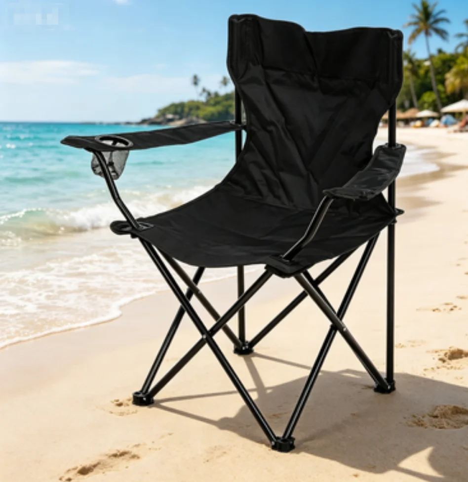 Silla Plegable Camping/Pesca Color Negro con Portavasos y Estructura Reforzada