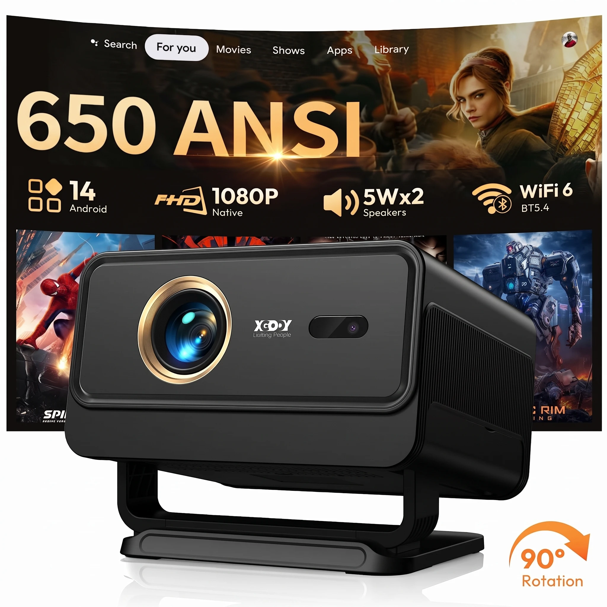 Proiettore 4K Xgody 650 Ansi Nativo 1080P Supporto 4K/8K Android 14 Corto Raggio Autofocus Correzione Keystone Wifi 6 Bluetooth 5.4 Home Theater