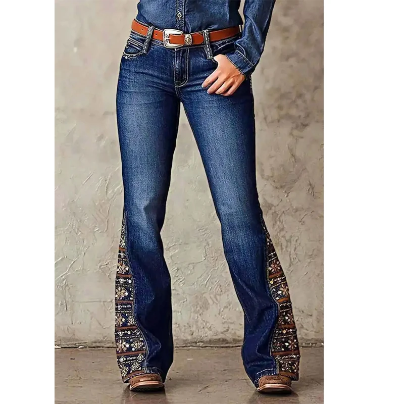 Huang's Stylish High Rise Flare Paisley Hem Denim Jeans Western Elegant Ladies Boot-Cut Pants Comfortable & Stretchy T04