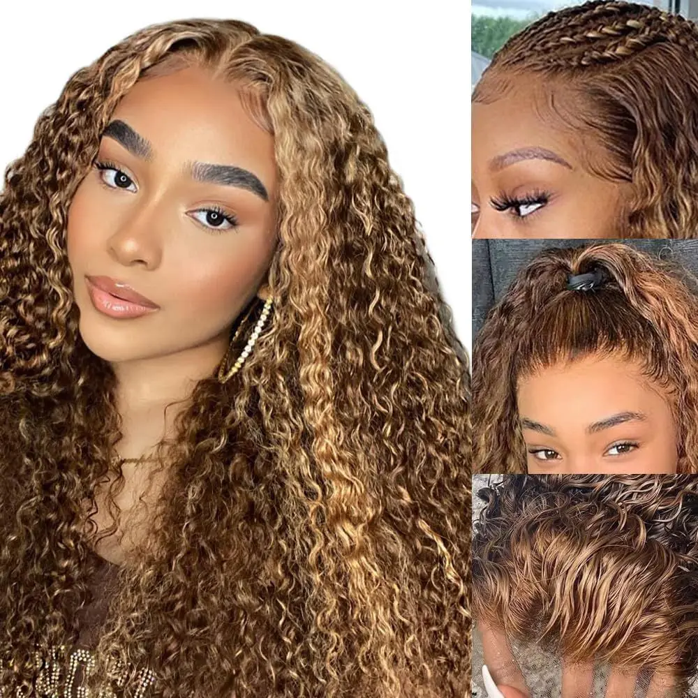 Honey Blonde Curly Lace Front Wig para mulheres, cabelo humano, pré arrancado com cabelo de bebê, destaque, 13x6, 4/27