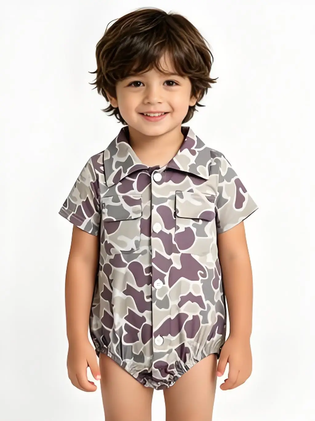 Baby Boy Camouflage Romper with Pockets Short Sleeve Button-Up Soft Cotton Outfit for Infants