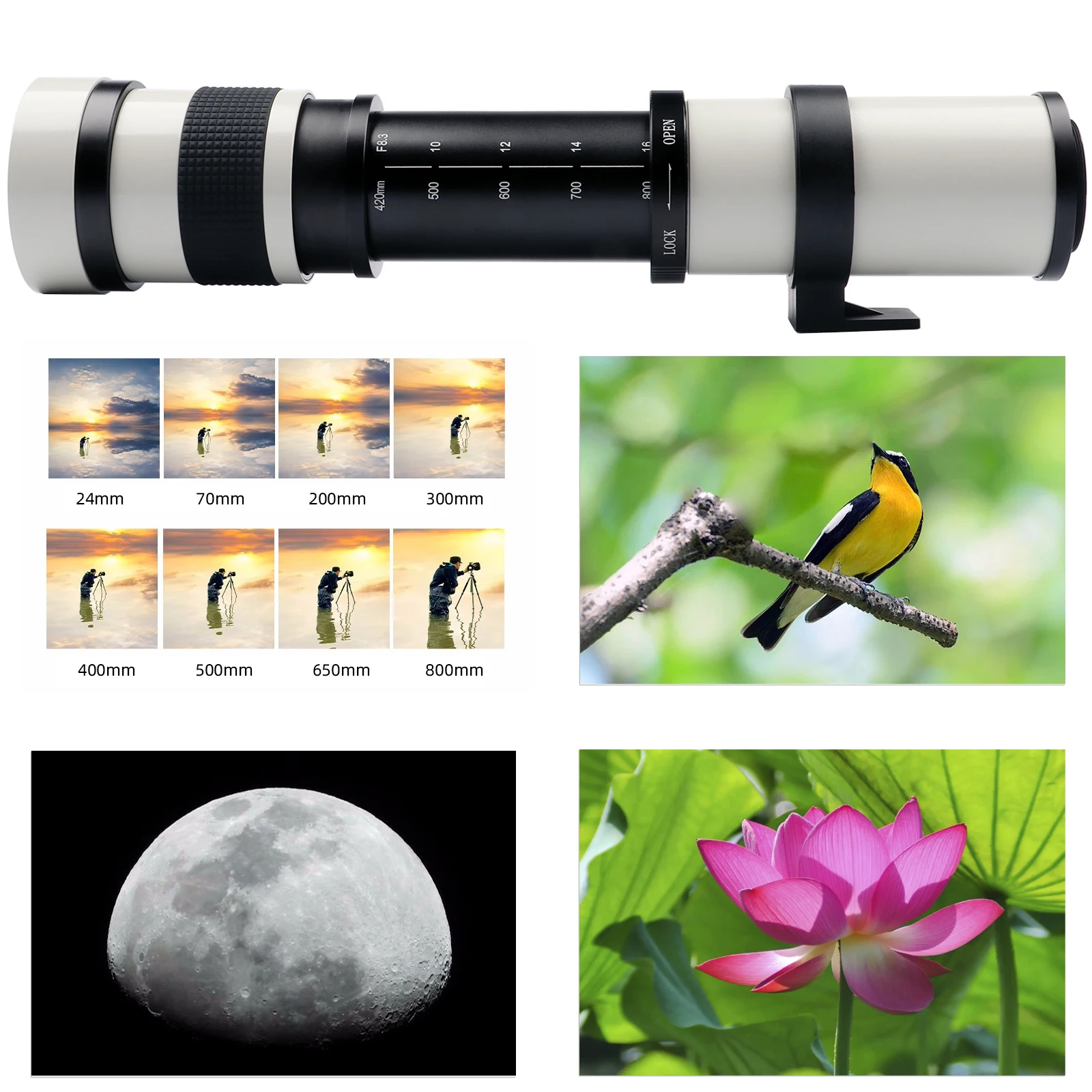 Lightdow Super Telephoto Manual Zoom Lens 420-800mm F8.3-16 With T2 Ring Adapter for Sony Canon Nikon Pentax Olympus Cameras