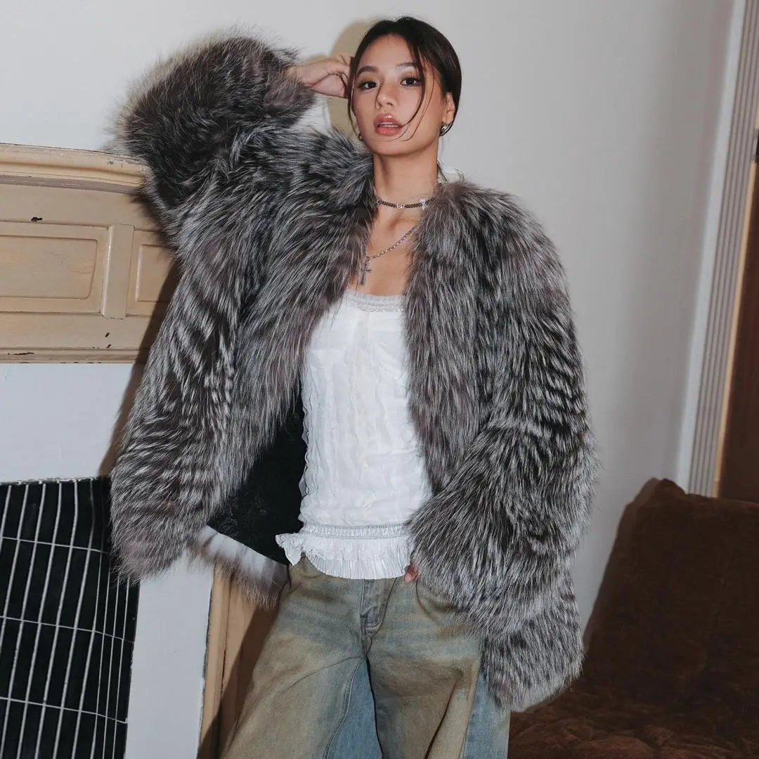 Mid-length Natural Silver Fox Fur Coat for Women Winter Outwear High Quality Genuine Leather Silver Fox Fur Jacket V-neck Woman