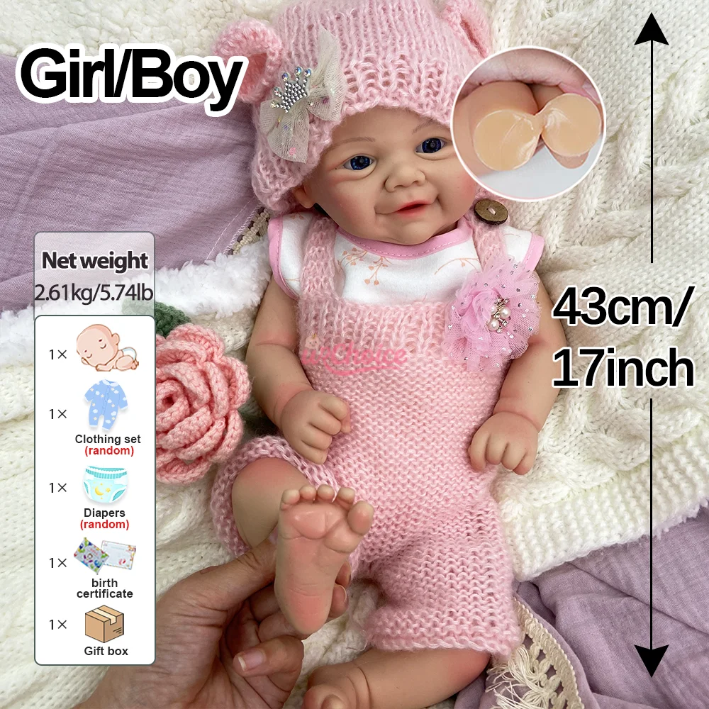 17Inch Silicone Reborn Doll Blue Eyes Sweet Round Face Perfect Reborn Doll Newborn For Photography Companion Waterproof Material
