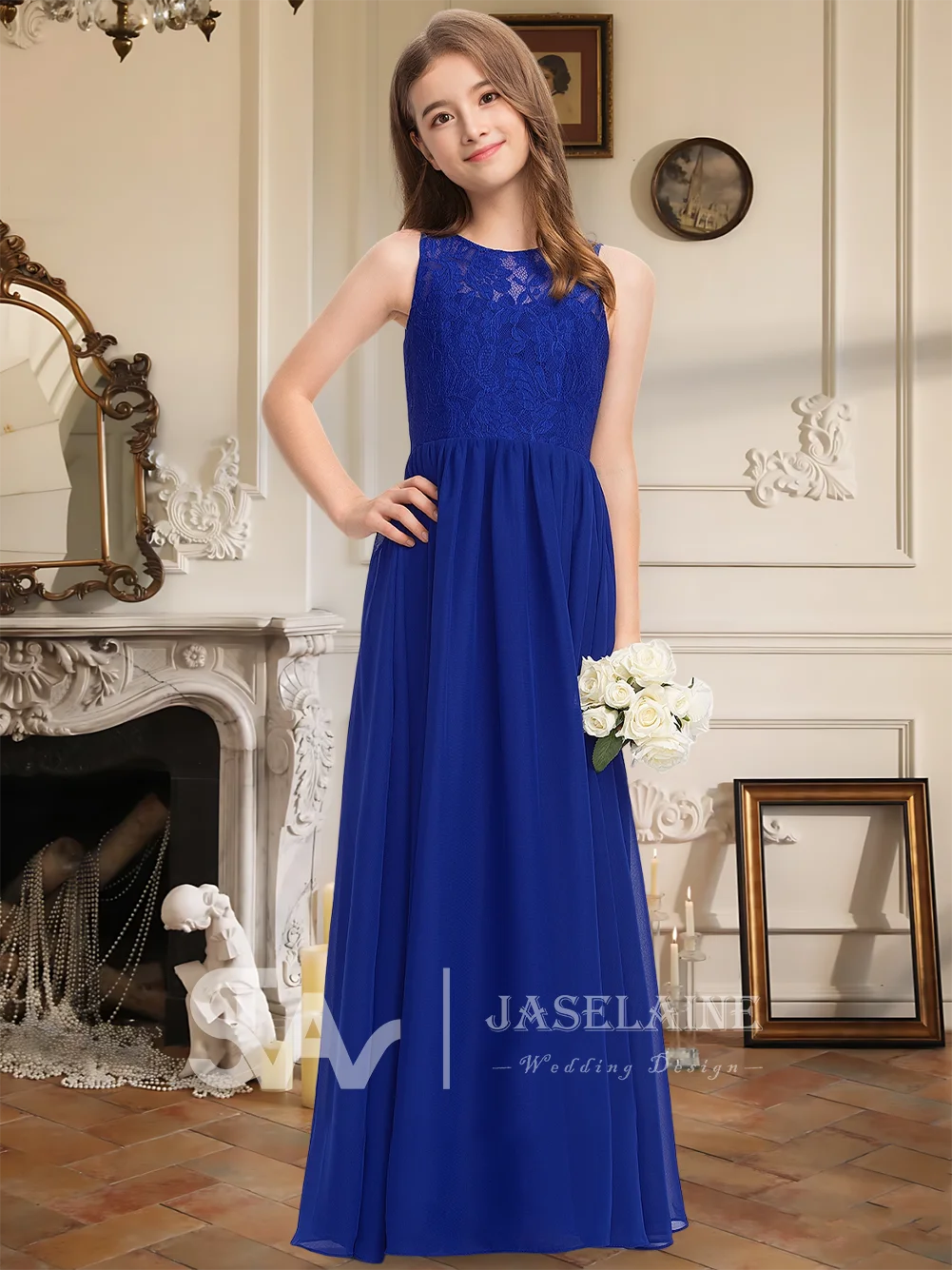 

B Kids Junior Bridesmaid Dress Chiffon Lace Scoop Floor-Length Flower Girl Gown A Line Lace Wedding Party Girls Formal Occasion