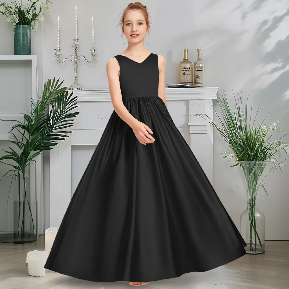 Платье подружки невесты для юниоров с V-образным вырезом, платье с цветочным узором для девочек, атласное платье длиной до пола с элегантным бантом, одежда для особых случаев для девочек