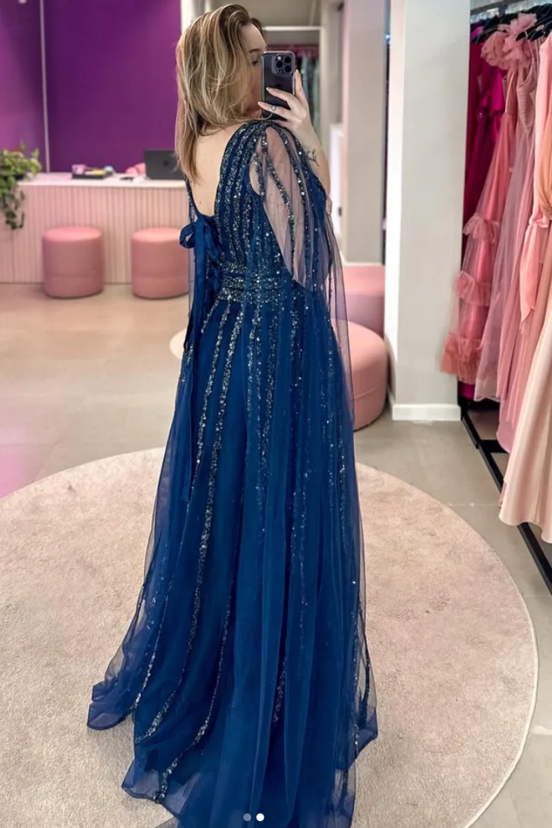 Annie Navy Prom Dresses Glitter Sequins Luxury Evening Dresses A-line Tulle Cape Elegant Lady Wedding Party Dresses