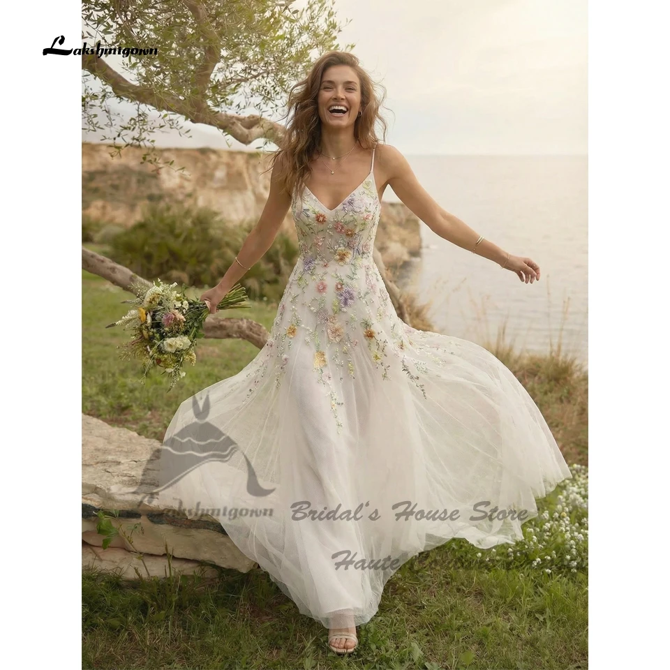 Lakshmigown Luxuriöse Blumen-Spitzen-Boho-Hochzeitskleider 2026 Sexy Damen Strand-Brautkleider V-Ausschnitt Spaghettiträger Maßanfertigung – Detail 6